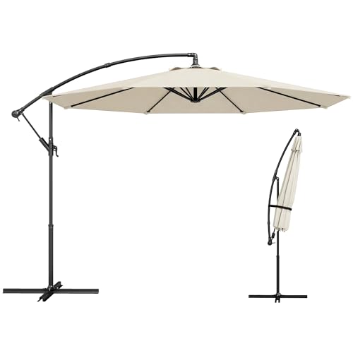 Outsunny Parasol Excéntrico, Ø300 cm, Sombrilla de Jardín con Base Cruzada, Toldo Ajustable, Manivela, 8 Barras, UPF30+, para Terraza, Patio, Exterior, Blanco Crema
