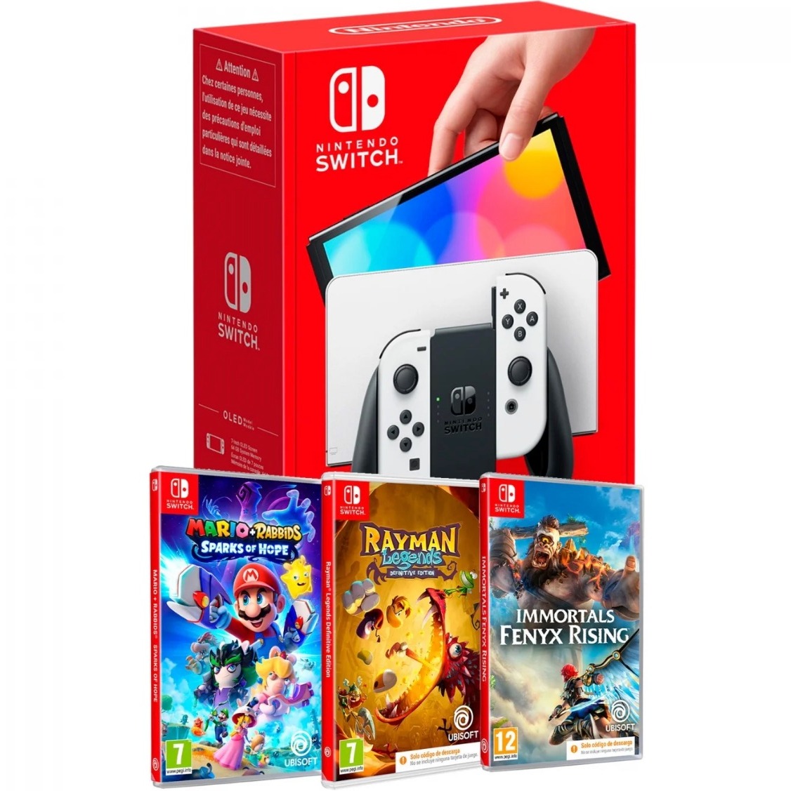 Consola Nintendo Switch OLED Blanca + Mario+Rabbids Sparks of Hope + Rayman Legends + Immortals Fenyx Rising 