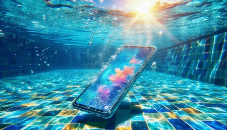 Ilustración decorativa generada con IA mostrando un móvil en el fondo de una piscina