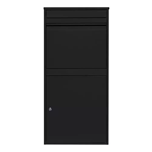 Caja de envío XL de acero negro con cerradura para exteriores, 2 llaves, paquete de correo, contenedor de mensajería, almacenamiento de entrega, montaje en pared, seguro, antipesca, escaneable, kit de
