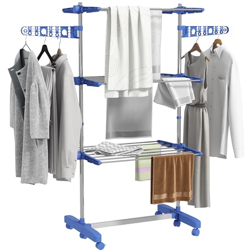 HOMCOM Tendedero Vertical Plegable Tendedero de Ropa con 6 Ruedas 2 Laterales Abatibles Estantes Ajustables y Marco de Acero Inoxidable para Interior y Exterior Azul