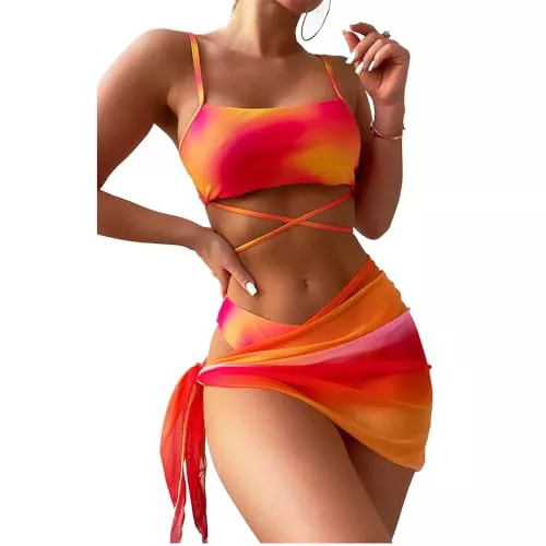 BSLVWG Mujeres Vestido de Bikini de 3 Piezas Halter Bikini Top Sexy Bikinis Triangular Parte Inferior bañador de Playa bañador (FR/ES, Letras, M, Regular, Regular, Naranja)