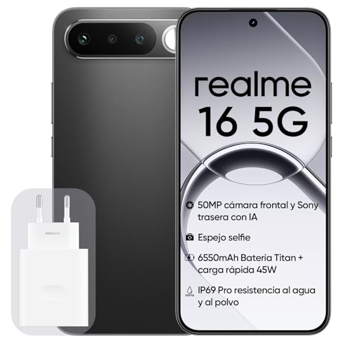 Smartphone realme 16 5G, 8GB+256GB, Pantalla AMOLED 120Hz 6,57", Batería 6500mAh, Cámara 50MP Sony IMX852, Protección IP69K, Carga rápida 45W, Doble SIM, Next IA, Negro