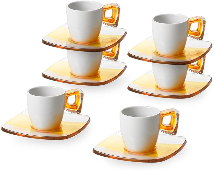 Omada Design Set de 6 tazas de café con mango y platillos, en porcelana y plástico, apto para lavavajillas, Línea Square
