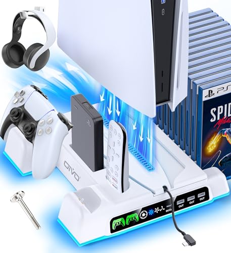OIVO Soporte para PS5/Slim con Ventilador de 3 Velocidades, Cargador para Mando Playstation, Soporte PS5 Vertical con 3 Puertos USB y Ranuras de 14 Juegos