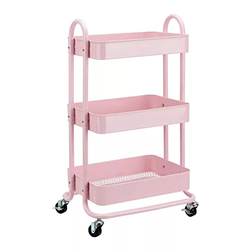 Amazon Basics Carrito de cocina o multiuso de 3 niveles con ruedas en rosa apagado