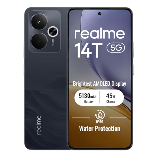 realme 14T 5G Smartphone 8+256GB, Negro Obsidiana, Pantalla de 6.67 Pulgadas, Refresco de 120Hz, Batería de 5130mAh, Cámara de 50MP, MediaTek Dimensity 6300, Protección ArmorShell, IP69