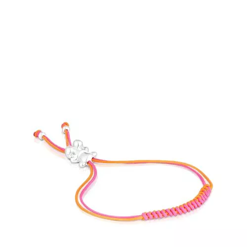 TOUS Pulsera de Cordón Fucsia y Naranja para Mujer con Motivo de Oso de Plata de Primera Ley, Colección Bold Bear