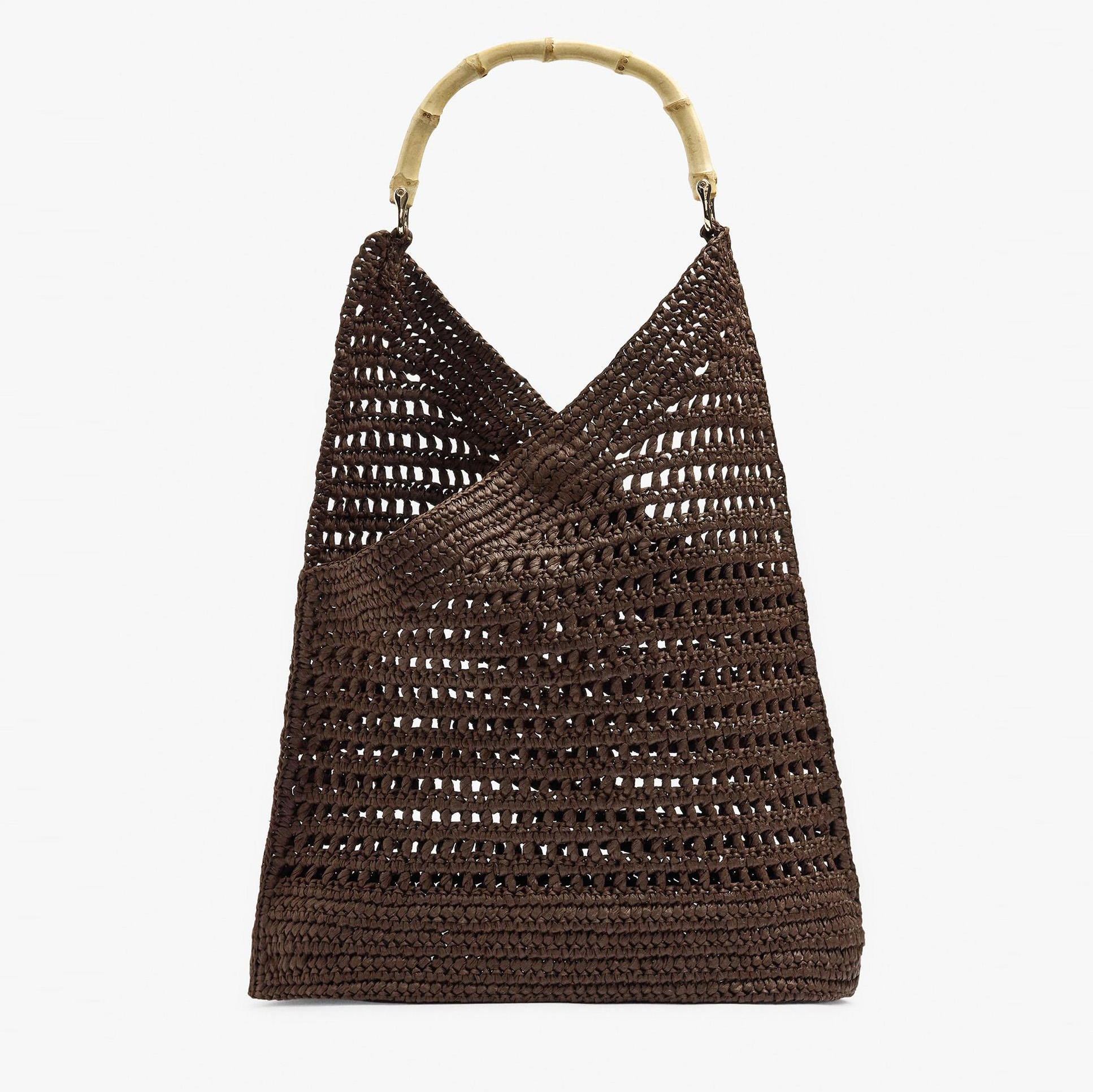 Bolso de mano trenzado efecto rafia con detalle de asa de bambú en liso Marrón oscuro Parfois