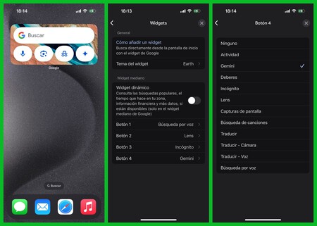 Capturas de pantalla mostrando el nuevo widget de Google para iOS y las opciones de configuración