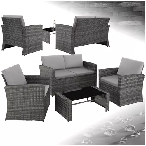 TecTake® Conjunto Jardín de Ratán y Acero, Muebles Jardín Exterior, 2 Sillones, 1 Sofá, 1 Mesa con Cristal