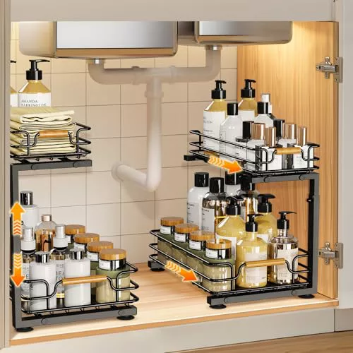 JYPS 2 Pack Organizador Cocina Fregadero, 2 Niveles Metal Deslizantes Organizador Fregadero Armario, Altura Regulable 35.5-44.5cm Organizador Productos Limpieza, Estantería bajo Baño,Cocina(Negro)