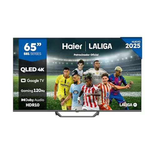 Haier QLED 4K UHD H65S81FUX - 65", Smart TV, Google TV, Dolby Audio, HDR 10, Smart Remote Control, Google Assistant, Bluetooth 5.1, 120Hz Gaming, USB 2.0, DBX TV, HDMI 2.1 x 4, Sin Marcos, 2025
