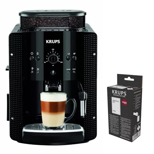 Krups Essential Mecánica Negra + Kit descalcificación, Cafetera Superautomática, Mecánica, Espumador de leche, EA8108OM