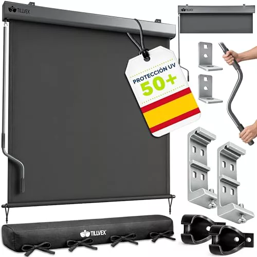 tillvex® Toldo Vertical de 200 x 250 cm para Exterior e Interior con Cubierta | Resistente al Agua con manivela para balcón, terraza y jardín | Estor para balcón, protección Solar de Aluminio