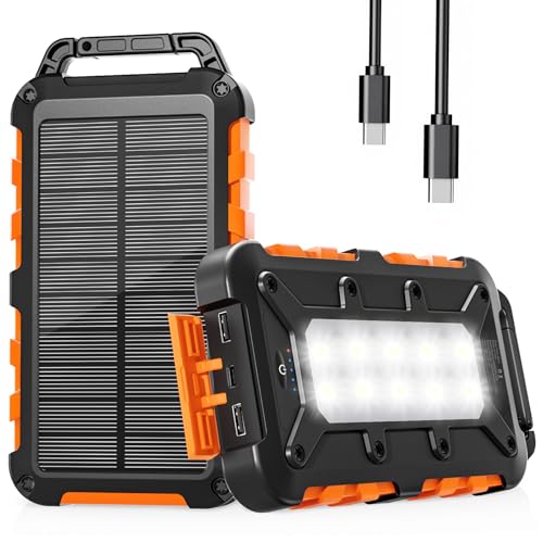 WOWMVP Cargador Solar 10000mAh, Power Bank Solar Batería Externa Portátil PD15W USB C Carga Rápida Impermeable 3 Salidas y 2 Entradas con Linterna LED para Moviles Tabletas Etc.