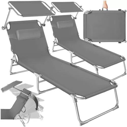 tectake® Set de 2 Tumbonas Exterior con Parasol y Respaldo Regulables, Tumbona Plegable con Reposacabezas, para Playa Resistente a la Intemperie, Tumbona Piscina Carga Máx. 110 kg - Gris