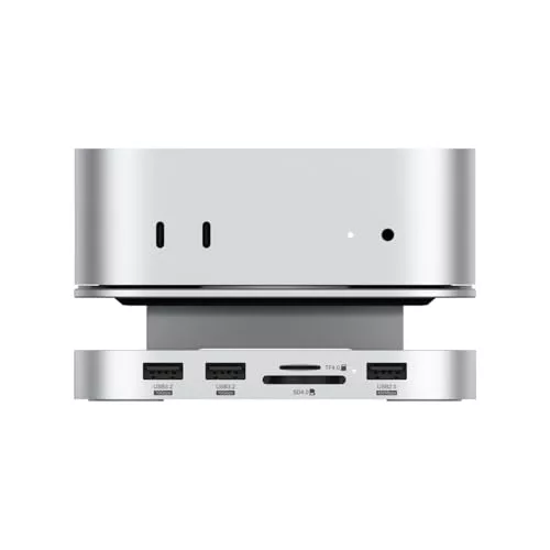Qwiizlab Hub de soporte de aluminio con carcasa SSD, estación de acoplamiento para Mac mini M4/M4 Pro, 2 USB-A 10 Gbps, lectores de tarjetas TF/SD 4.0 de 312 MB/s, USB-A 2.0, se adapta a SSD M.2 NVMe