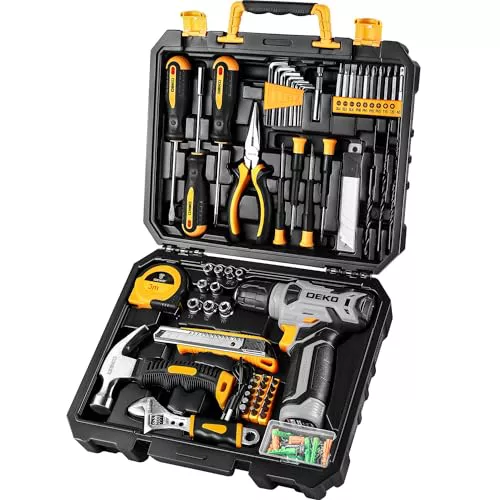 DEKO Caja Herramientas con Destornillador/Taladro Eléctrico, batería de 8V, 126 Piezas