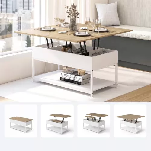 Manora Mesa de Centro Elevable y Extensible, Mesita de Salón o Comedor con Compartimentos Ocultos y Estante Abierto, Medidas: 96cm x 50cm x 43.5cm, Blanco y Roble