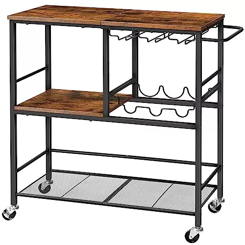 HOOBRO Carro de Cocina con Botellero y Portavasos, Carro de Servicio de 3 Pisos con Ruedas Giratorias y Bloqueables, Apto para Comedor, Salón, Fiesta, Vintage y Negro EBF21TC01