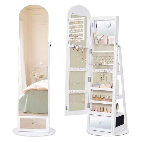 SONGMICS Armario Joyero Giratorio 360° con LED, de Cuerpo Entero, Cajón