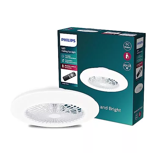 Philips - Ventilador de Techo Philips Amigo, compacto, motor DC, con luz led integrada 20W (4400 lúmens), Luz Blanca regulable (3 temperaturas color), control remoto, Blanco