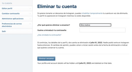 Eliminar Cuenta Instagram
