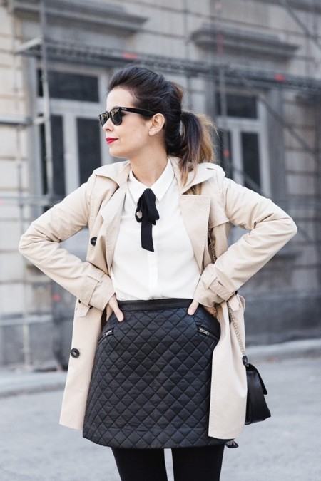 White Shirt Black Bow Leather Skirt Trench Coat Forever 21 Madrid Outfit Street Style Collage Vintage 17 790x1185