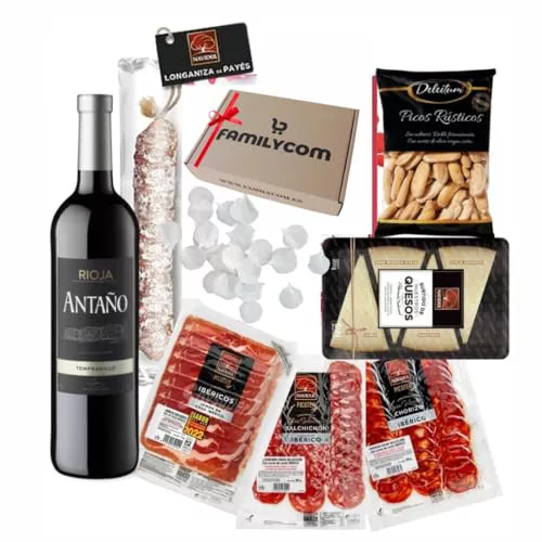 Familycom Cesta Gourmet de Ibéricos Navidul para Regalar - Surtido de Jamón Ibérico, Quesos, Embutidos, Aceitunas, picos, Vino tinto 