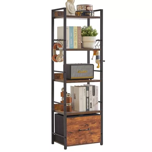 Aibiju Librería Industrial de 4 Niveles con Cajones de Tela, Estante Independiente para Sala de Estar, Dormitorio, Cocina, Oficina, Estructura de Acero, Marrón Rústico YD-BC001H