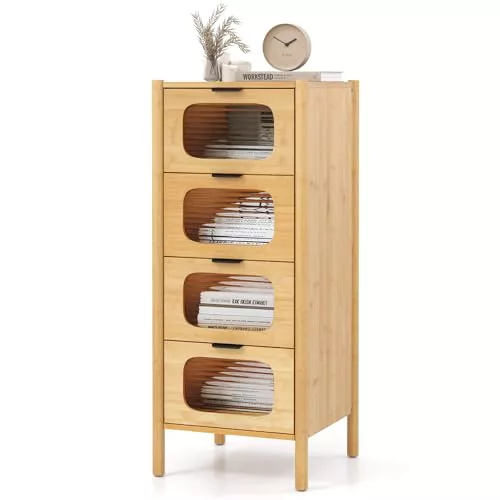 GIANTEX Cómoda de Bambú con 4 Cajones, Cajonera con Cristal Templado, 40 x 40 x 97 cm, Kit Antivuelco, Cajones con Asas, Mueble de Almacenameinto para Salón, Domitorio