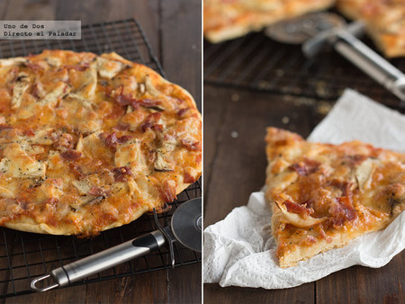 Pizza crujiente de setas de cardo y jamón. Receta