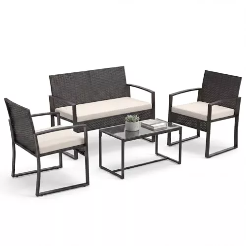 SOARS Conjunto Jardín Exterior de Ratán PE y Metal, Muebles de Jardín de 4 Piezas con Respaldo Inclinado y Cojines de Asiento, Muebles de Exterior con Mesa de Centro para Patio, Jardín (Beige)