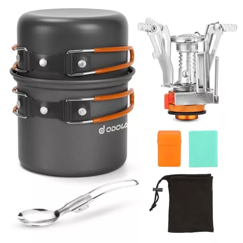 Odoland Kit de Utensilios de Cocina para Camping con Ollas y Sartén en Aluminio Anodizado