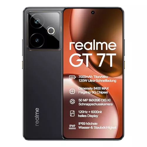 realme GT 7T 5G Smartphone,12+256GB, Batería de 7000 mAh,Carga de 120W,Procesador Dimensity 8400-MAX,IMX896 50MP Cámara,AI Planner,Pantalla Pro-Esports de 6000 nits120Hz,IP69,Negro, EU Version
