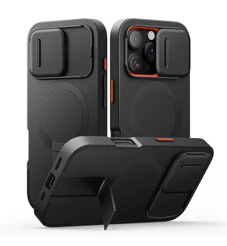 SURITCH Funda Magnética Compatible con iPhone 16 Pro, Carcasa de amortiguación a Prueba Protectora Grado Militar con Tapa de cámara Deslizante y Soporte Ajustable(Negro)
