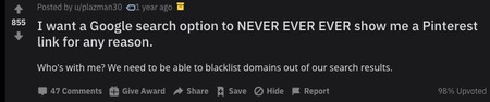 I Want A Google Search Option To Never Ever Ever Show Me A Pinterest Link For Any Reason Google