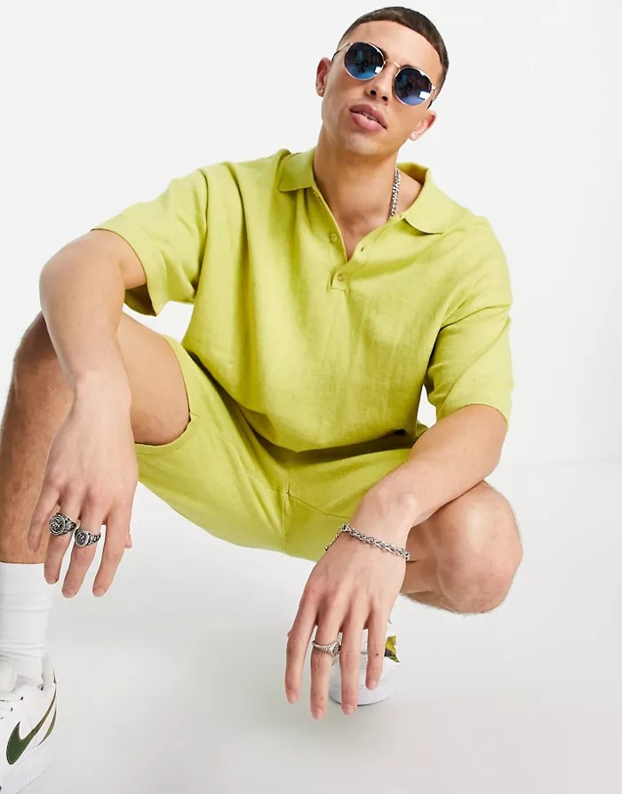 Camiseta amarilla estilo polo de punto de mezcla de lino de ASOS DESIGN (parte de un conjunto)
