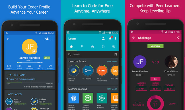 Capturas de pantalla de la aplicación SoloLearn