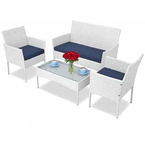 BAKAJI Juego Completo de salón de jardín con sofá, 2 sillones y Mesa con Estante de Cristal