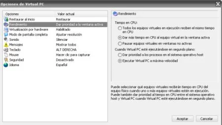 Opciones rendimiento VirtualPc