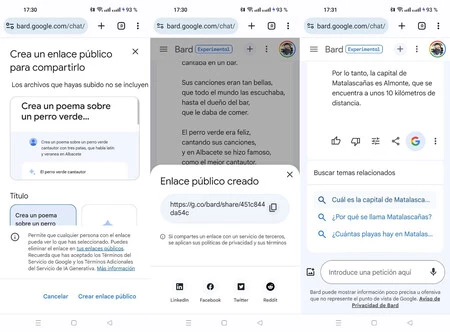 継続可能な公開リンク (左と中央) と Google 検索 (右)
