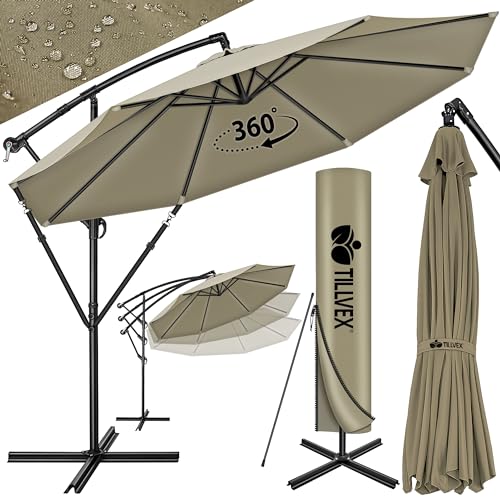 tillvex 300 cm Sombrilla Excentrico con Manivela, Funda y Protectora de cabrestante 