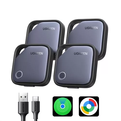 UGREEN FineTrack Duo Soporte iOS Find My o Android Find Hub Smart Finder Carga USB C Localizador Bluetooth SmartTag Tracker Rastreador para Llaves Equipaje Cartera Bicicleta Mochila Bolso(4 Piezas)