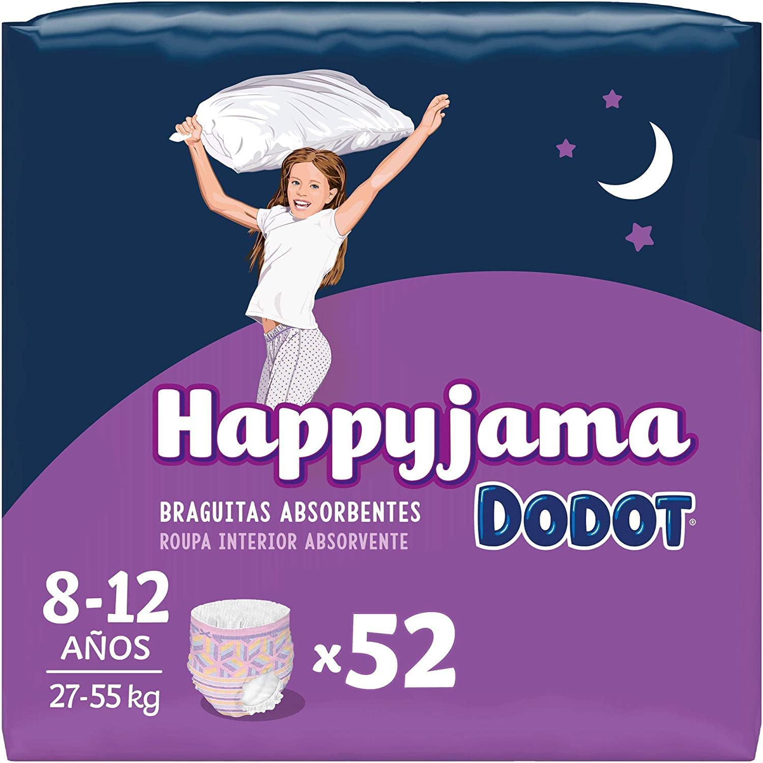 Dodot Pañales HappyJama para Niña 8 -12 Años (27-57 kg), 52 Unidades, Pañal con Protección Anti-Fugas Durante la Noche