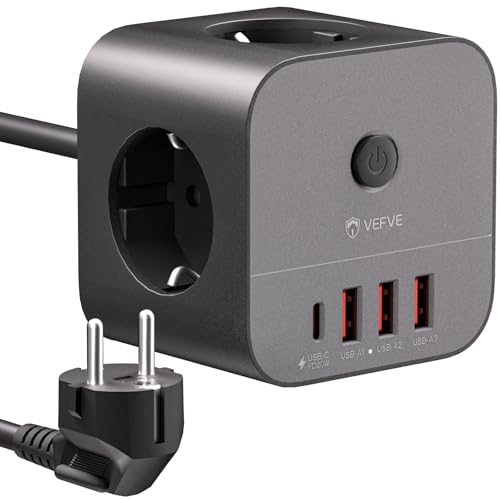 VEFVE Regleta Cubo 20W USB C con Cable 5m e Interruptor, Negro