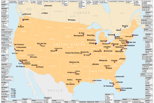 Map Of Cities In The Usa And Canada With Mlb Mls Nba Nfl Or Nhl Teams