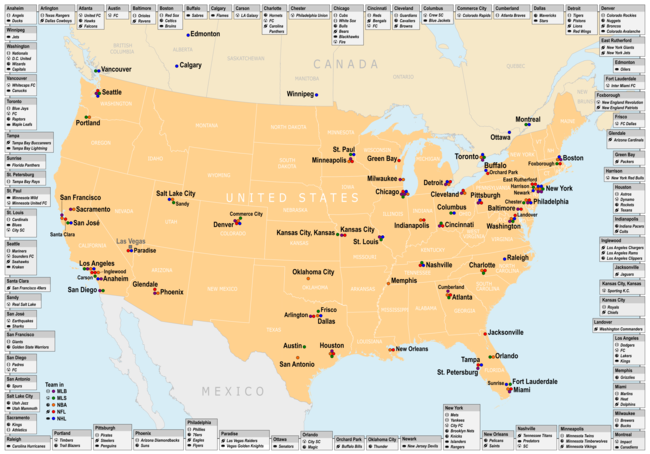 Map Of Cities In The Usa And Canada With Mlb Mls Nba Nfl Or Nhl Teams