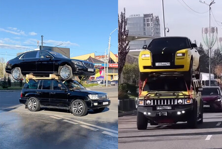 Hay una nueva y absurda moda entre influencers rusos: montar autos de superlujo al techo de un SUV